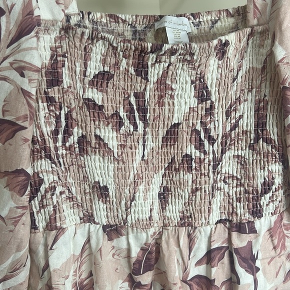 House of Harlow 1960 Linen Smocked Pink Palm Midi Dress Bishop Sleeve Medium - Picture 7 of 16